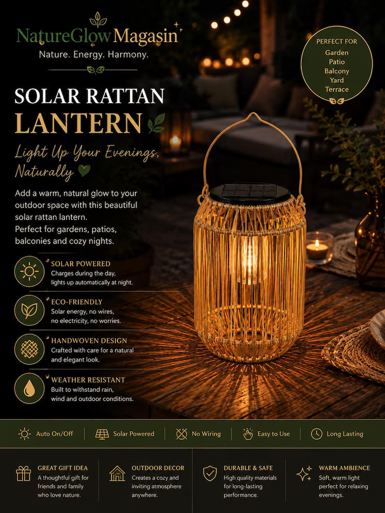 Set of Solar Rattan Lanterns – Boho Outdoor Hanging Lights for Garden, Patio and Balcony