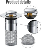 2er-Set Waschbecken-Stöpsel mit Haarfänger, Pop-up Abflussfilter aus Edelstahl mit herausnehmbarem Filterkorb