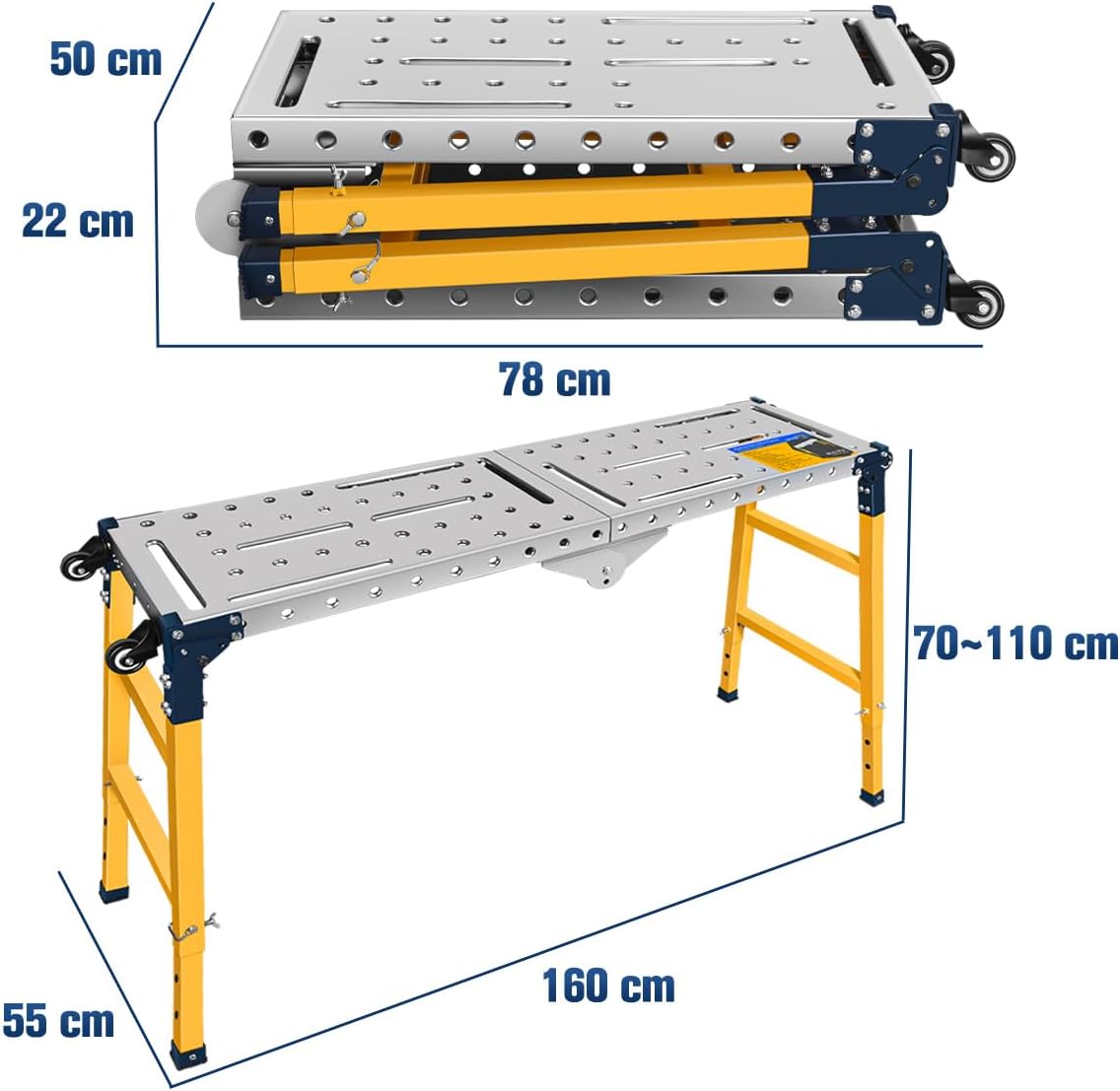 Piattaforma da Lavoro Multifunzione 2-in-1 | Trabattello Portatile Tavolo per Saldatura con Ruote | Lavoro Zincata 36x140 cm | Portata 500 KG