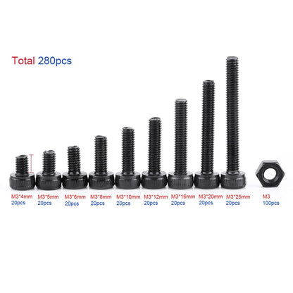 280 Pcs/Box M3 Hex Head Cap Screw Hexagon Socket Screw Metric Nut Machine Fastener Assortment