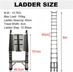 Scala Telescopica in Acciaio inossidabile da 5 m, antiscivolo, Scala Allungabile con 2 Ganci, 13 pioli, Scala multifunzione, facile da trasportare, portata 150 kg, EN131