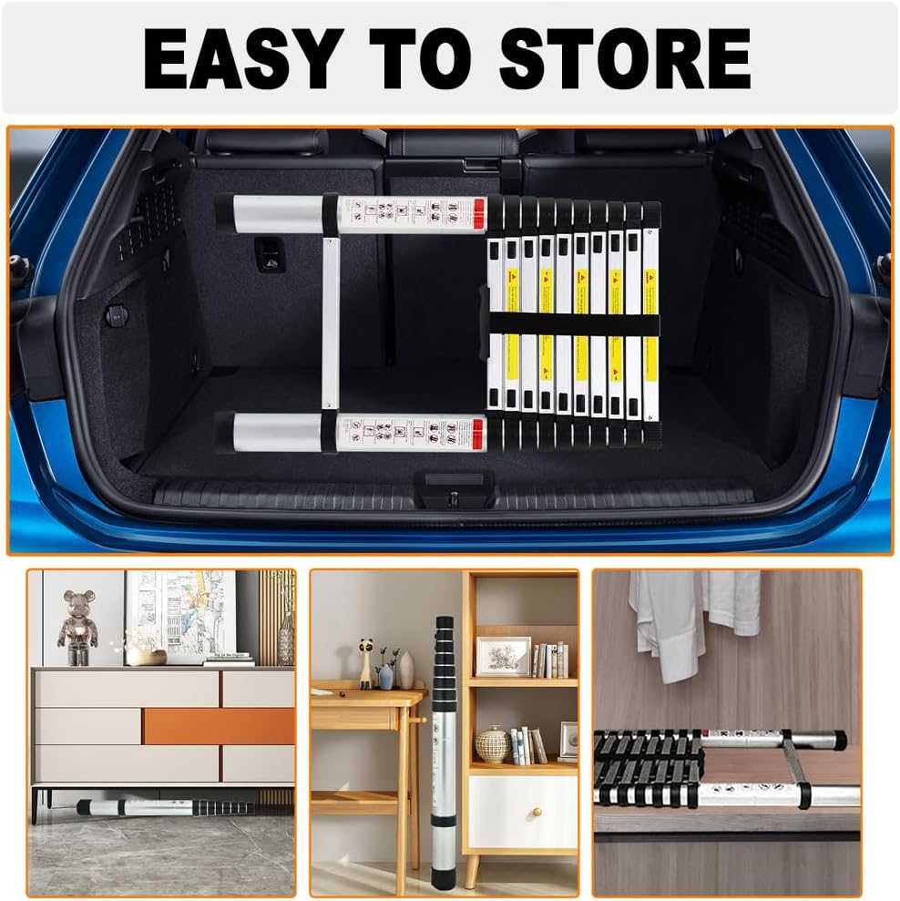 Scala Telescopica in Acciaio inossidabile da 5 m, antiscivolo, Scala Allungabile con 2 Ganci, 13 pioli, Scala multifunzione, facile da trasportare, portata 150 kg, EN131