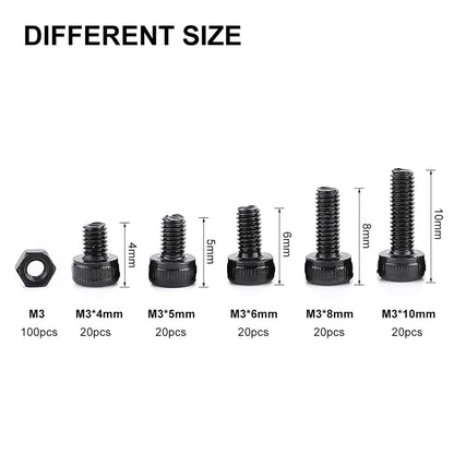 280 Pcs/Box M3 Hex Head Cap Screw Hexagon Socket Screw Metric Nut Machine Fastener Assortment