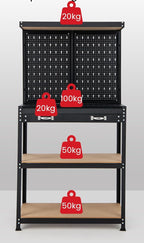 Banco da Lavoro, Organizer per Attrezzi in Metallo con 2 Pannelli Perforati con Kit di 14 Ganci, Cassetti e 2 Ripiani, Banchi da lavoro per Officina, Garage