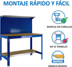 Banco da lavoro per officina, capacità di carico 600 kg, 1445x1210x610 mm, Pannello Forato, Ripiano per cassetti, Tavolo da lavoro fai da te, Blu/Legno - BT3