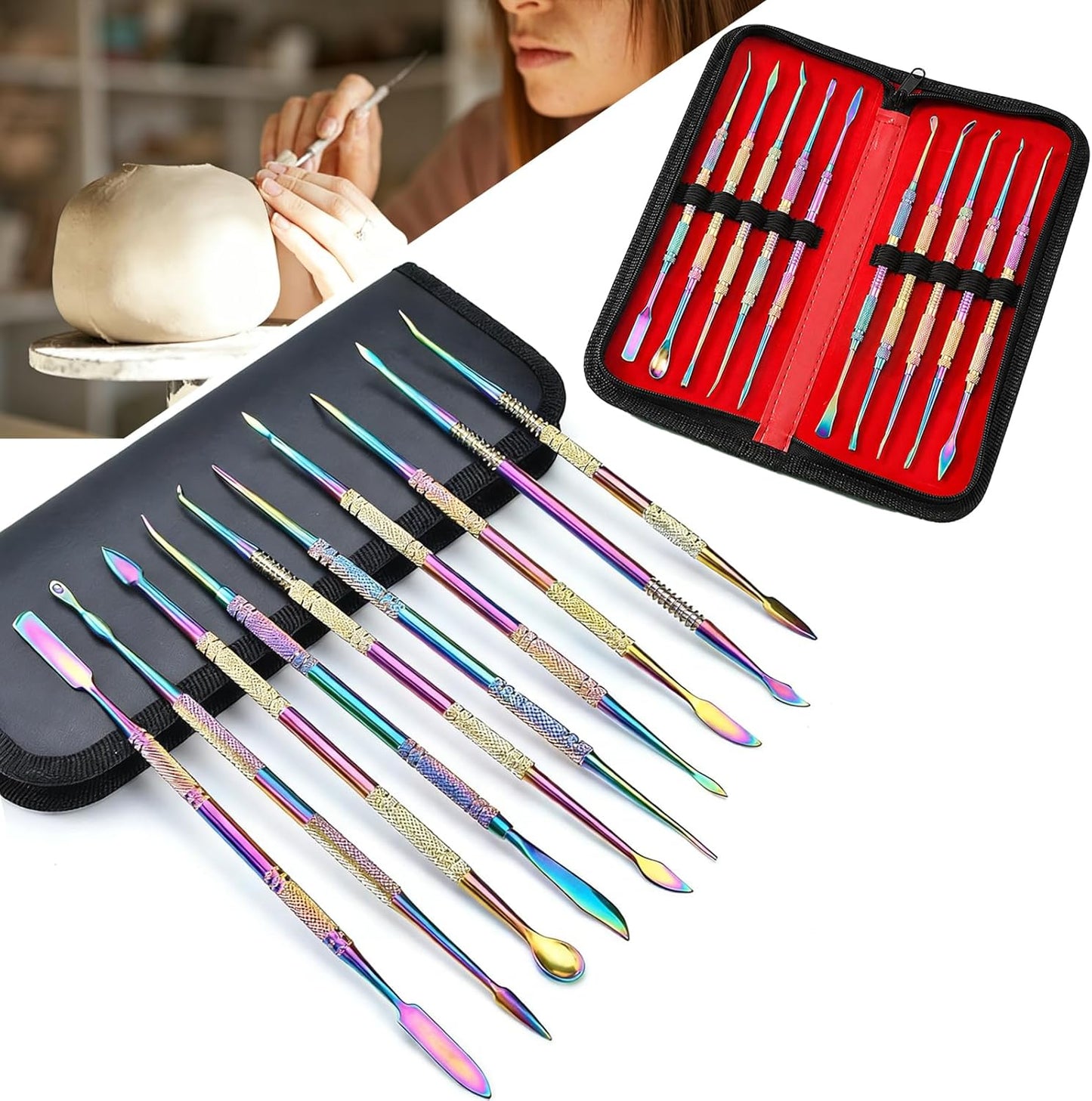 11-piece stainless steel modeling tool set, colorful double-sided carving tools