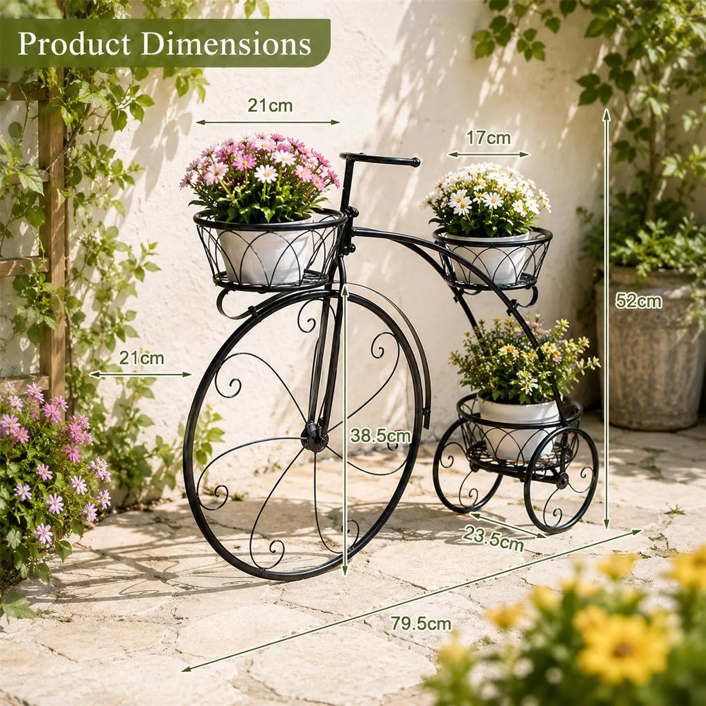 3-Tier Bicycle Plant Stand, Wrought Iron Tricycle Planter, Flower Pot Shelf, Indoor, Outdoor, Garden, Patio, Apartment Decor, Plant Display Holder