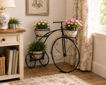 3-Tier Bicycle Plant Stand, Wrought Iron Tricycle Planter, Flower Pot Shelf, Indoor, Outdoor, Garden, Patio, Apartment Decor, Plant Display Holder