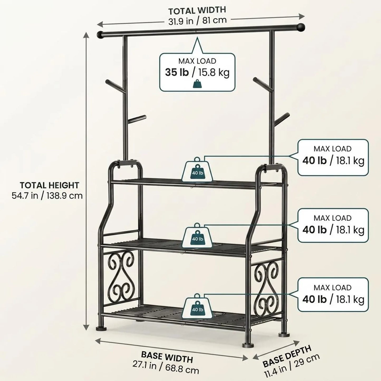 3-Tier Tall Metal Plant Stand Indoor Outdoor | Durable Plant Shelf with 5 Hooks | Large Pot Holder for Balcony Garden Patio