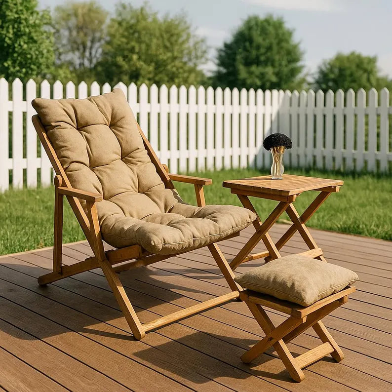 Outdoor Wooden Lounger Set with Cushions | Folding Garden Chairs and Table | Garden Chair for Balcony, Terrace or Yard, Wooden Chair.