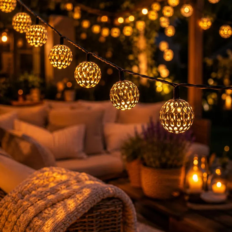 Solar LED Moroccan String Lights, Waterproof Garden, Outdoor, Wedding, Halloween, Party, Accent 50 30 20 LED Ball