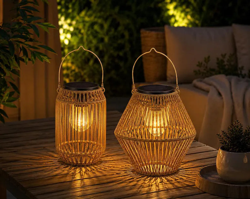 Set of Solar Rattan Lanterns – Boho Outdoor Hanging Lights for Garden, Patio and Balcony