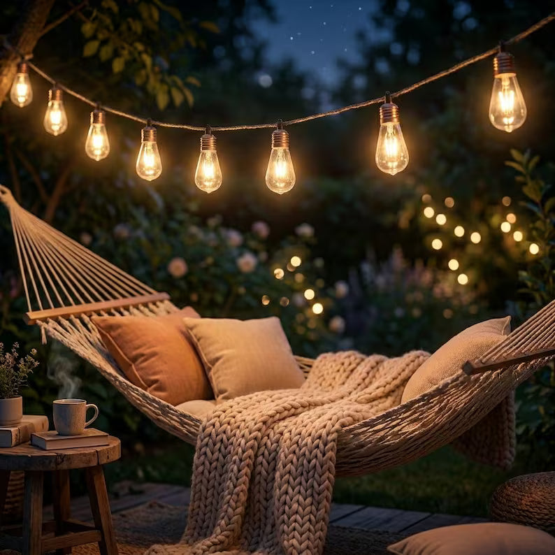 Outdoor Solar String Lights, Hemp Rope Edison Lights, Waterproof Patio Lights, Garden Fairy Lights, Pergola Decorations, Garden Lighting