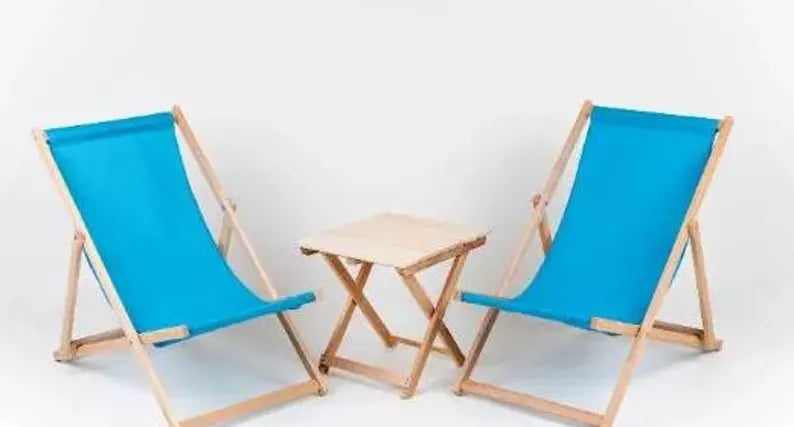 Set of 2 CHAIR loungers with padding, folding loungers, garden, wooden, for terrace, SEASIDE, beach festival, outdoor travel seat + TABLE beige