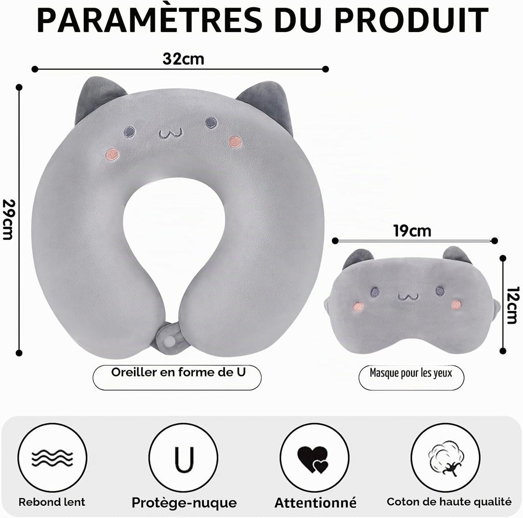 Coussin de voyage à mémoire de forme chat gris