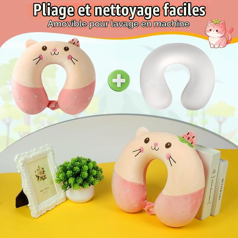 Coussin cervical de voyage en mousse à mémoire motif chat fraise