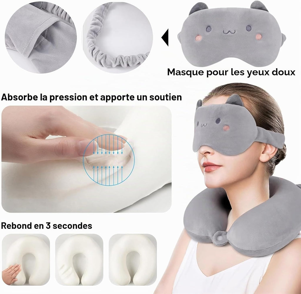 Coussin de voyage à mémoire de forme chat gris