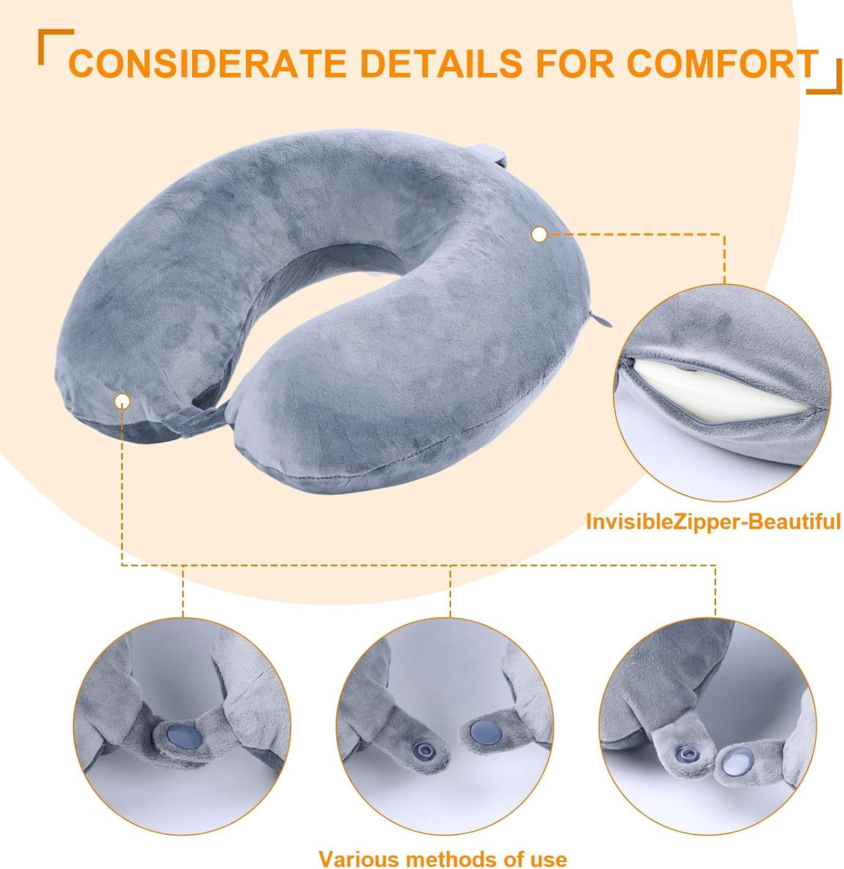 Coussin de voyage en U gris et portable