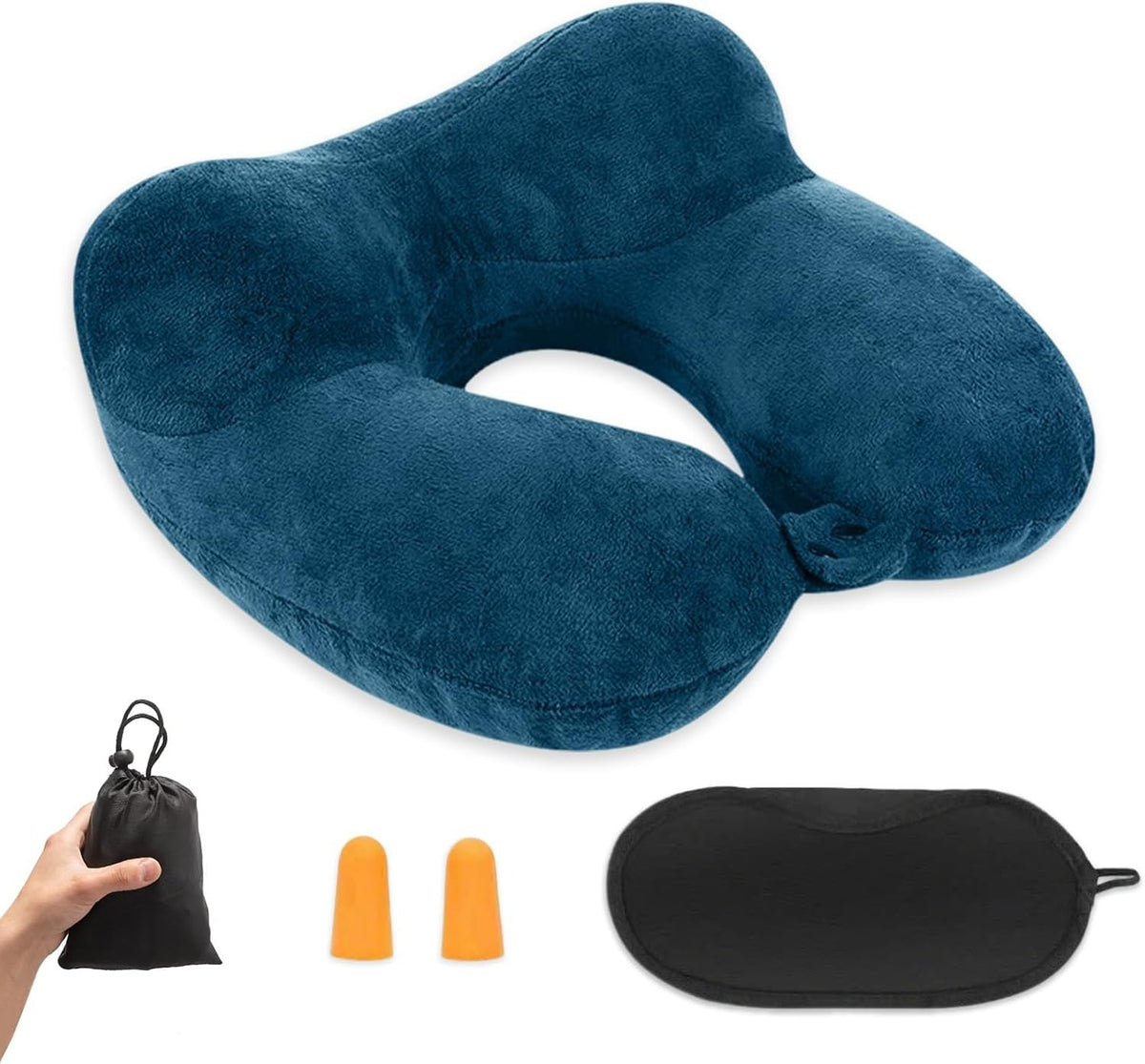 Coussin cervical gonflable compact en velours bleu