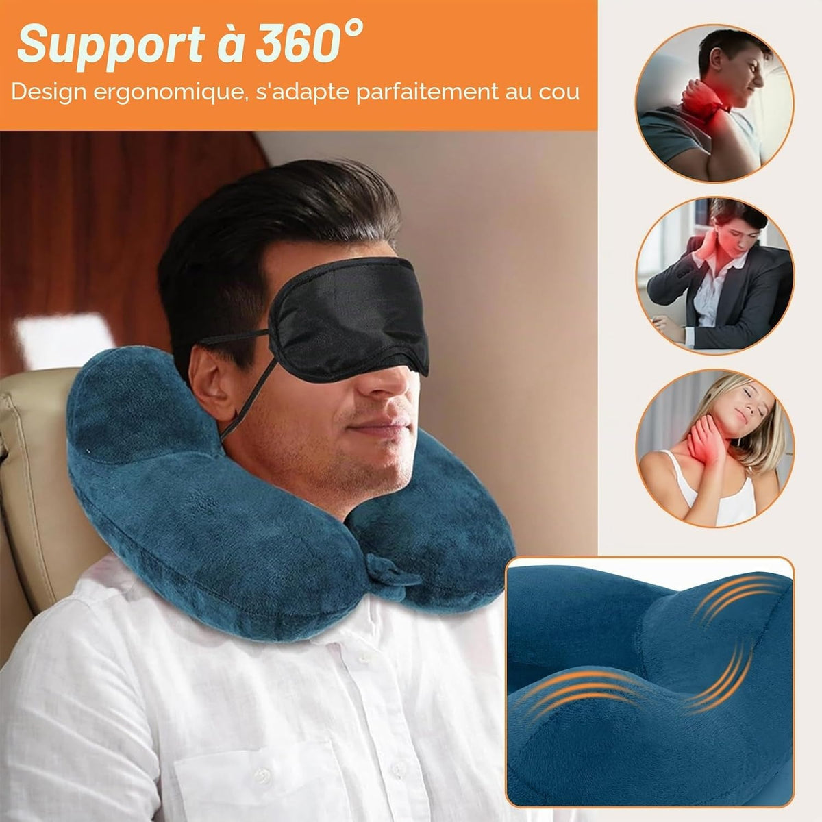 Coussin cervical gonflable compact en velours bleu