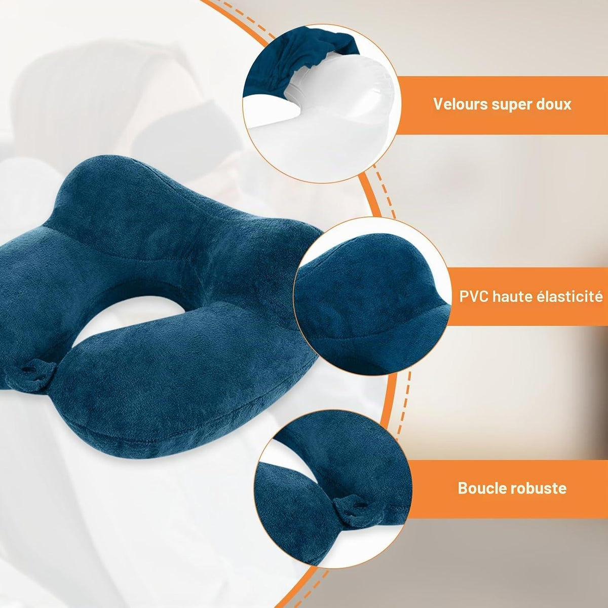 Coussin cervical gonflable compact en velours bleu