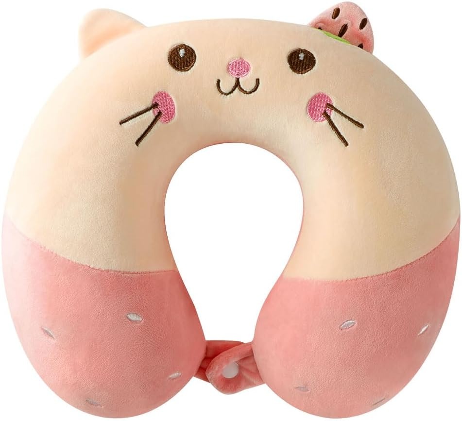 Coussin cervical de voyage en mousse à mémoire motif chat fraise